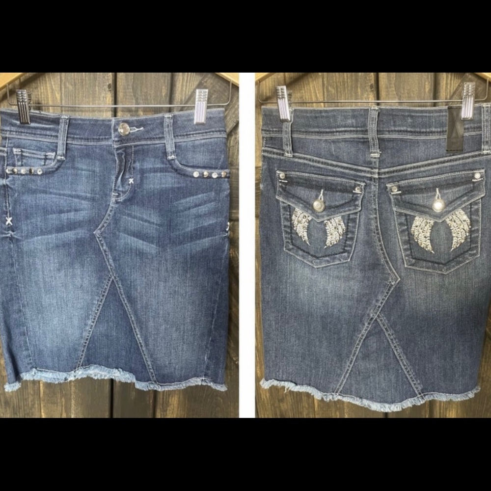 TEN Denim Frayed Embellished Bling Denim Skirt - Size XS